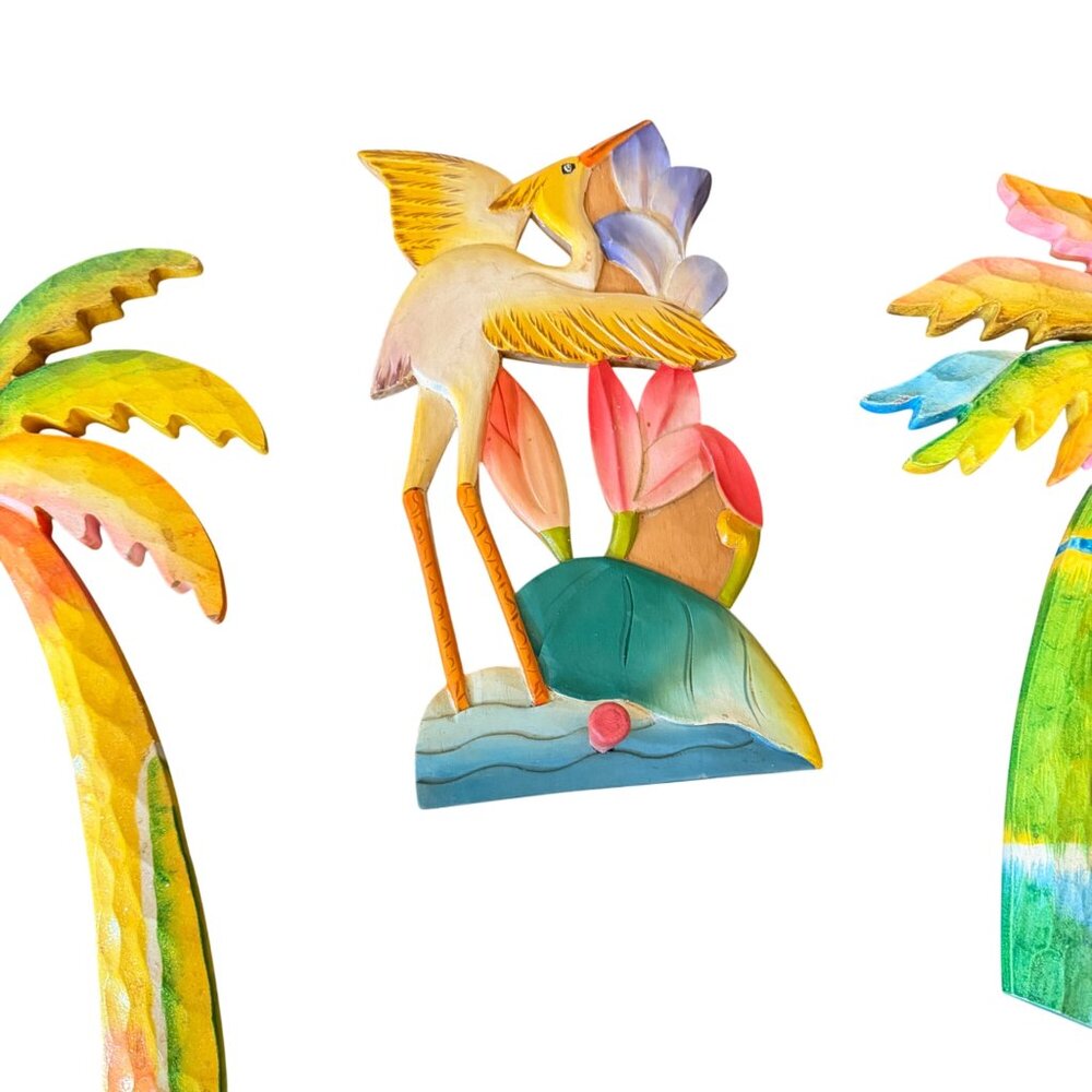 Hand-Painted Wooden Coastal Wall Decor - Flamingo & Palm Tree Set - Tropical The - Picture 3 of 6